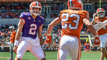 Clemson quarterback Cade Klubnik (2) reacts after Clemson running back Peyton Streko (23) ran in a touchdown during the Spring football game in Clemson, S.C. Saturday, April 6, 2024.