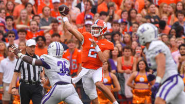 Clemson quarterback Cade Klubnik (2) passes the ball near Furman Paladins safety Jalen Miller (36) during the second quarter at Memorial Stadium in Clemson, South Carolina Saturday, September 10, 2022.