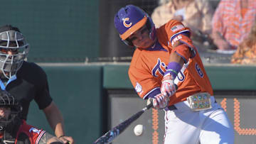 Clemson infielder Josh Paino (8) bats against University of Louisville during the bottom of the fifth inning at Doug Kingsmore Stadum in Clemson, S.C. Friday, April 18, 2025.