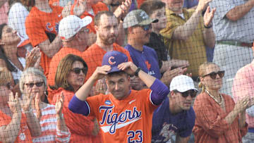 Clemson Head Coach Erik Bakich during the middle of the fourth inning at the NCAA baseball Clemson Regional at Doug Kingsmore Stadium in Clemson, S.C. Saturday, May 31, 2025.