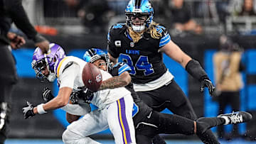 Detroit Lions cornerback Kindle Vildor forces Minnesota Vikings wide receiver Justin Jefferson to drop the pass during the second half at Ford Field in Detroit on Sunday, Jan. 5, 2025.