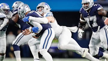 Lions defensive end Aidan Hutchinson sacks Cowboys quarterback Dak Prescott during the first half at AT&T Stadium in Arlington, Texas on Saturday, Dec. 30, 2023.