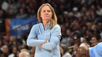 Mar 24, 2034; Columbia, So Carolina, USA;  University of North Carolina Coach Courtney Banghart during the first quarter of the second round NCAA Women's Basketball Tournament game at the Colonial Life Center.  Mandatory Credit: Ken Ruinard-Imagn Images via Greenville News