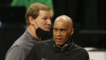 Oregon assistant basketball coach Tony Stubblefield, right, with head coach Dana Altman, left, questions a call during the Oregon game against Colorado Thursday Feb. 18, 2021. Stubblefield was was announced as head coach at DePaul April 1, 2021.
