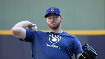 Brandon Woodruff throws some pitches before the Tuesday Milwaukee Brewers National League Wild Card playoff series at American Family Field in Milwaukee on Monday, Sept. 30, 2024. - Mike De Sisti / Milwaukee Journal Sentinel