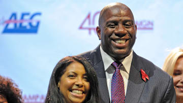 Nov. 7 , 2011; Los Angeles, CA, USA;  Magic Johnson (right) and his wife Cookie Johnson (left) during the press conference held by the Magic Johnson foundation at the Staples Center. 20 years to the date Irvin "Magic" Johnson  announced his HIV status and retirement from the NBA. Mandatory Credit: Jayne Kamin-Oncea-Imagn Images
