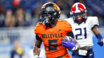 Belleville running back Colbey Reed runs against Southfield A&T during the first half of the MHSAA Division 1 state final at Ford Field in Detroit on Sunday, Nov. 26, 2023.
