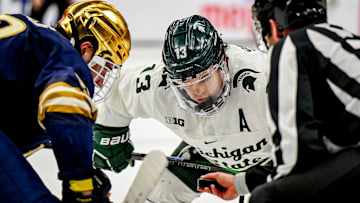 Michigan State's Tiernan Shoudy prepares to face-off against Notre Dame during the second period in the Big Ten tournament on Saturday, March 15, 2025, at Muni Arena in East Lansing.