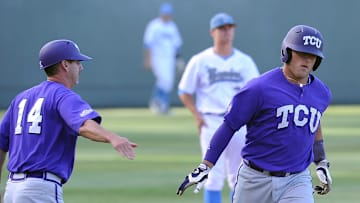 June 8, 2012; Los Angeles, CA, USA;  TCU Horned Frogs catcher Josh Elander (24) heads for home after a home run off UCLA Bruins pitcher Adam Plutko (9) in the first inning of the Los Angeles super regional at Jackie Robinson Stadium. 