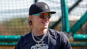 Detroit Tigers outfielder prospect Max Clark works out during spring training at TigerTown in Lakeland, Fla. on Thursday, Feb. 22, 2024.