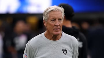 Nov 30, 2025; Inglewood, California, USA; Las Vegas Raiders head coach Pete Carroll before the game at SoFi Stadium. Mandatory Credit: Kiyoshi Mio-Imagn Images