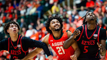 Colorado State's Rashaan Mbemba gets boxed out for a rebound during a game against San Diego State. 