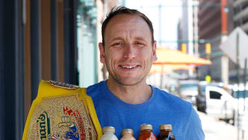 Professional competitive eater Joey Chestnut displays his new dipping sauces. The 2019 Nathan's Hot Dog Eating Champion will be giving away 1,000 bottles of his new line of dipping sauces to fans this Thursday on Monument Circle.

Joey Chestnut Giving Away1 000 Bottles Of His New Line Of Dipping Sauces To Fans