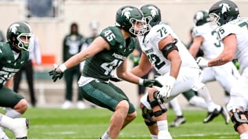 Michigan State's Brady Pretzlaff pursues the ball during the Spring Showcase on Saturday, April 20, 2024, at Spartan Stadium in East Lansing.