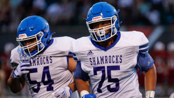 Detroit Catholic Central Kaden Strayhorn (75) runs off the field during the first half of the Prep Kickoff Classic against Chippewa Valley at Tom Adams Field in Detroit, Thursday, August 26, 2021.
