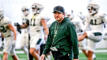 Michigan State football head coach Jonathan Smith looks on during practice on Tuesday, April 8, 2025, in East Lansing.