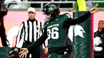 Michigan State's Ryan Eckley punts the ball during the third quarter in the game against Michigan on Saturday, Oct. 25, 2025, at Spartan Stadium in East Lansing.