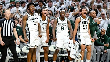 From left, Michigan State's Cam Ward, Jordan Scott, Trey Fort and Divine Ugochukwu celebrate after Coen Carr's dunk against Colgate during the second half on Monday, Nov. 3, 2025, at the Breslin Center in East Lansing.