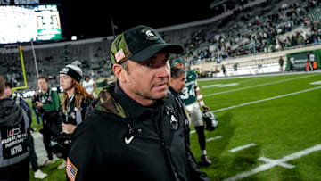 Michigan State's head coach Jonathan Smith leaves the field after the game against Penn State after the game on Saturday, Nov. 15, 2025, at Spartan Stadium in East Lansing.