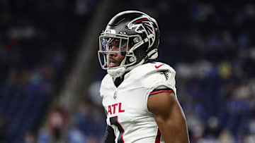 Atlanta Falcons cornerback Jeff Okudah (1) warms up before the Detroit Lions game at Ford Field in Detroit on Sunday, Sept. 24, 2023.