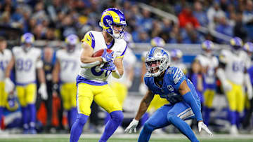 Detroit Lions cornerback Khalil Dorsey looks to tackle Rams punt returner Austin Trammell during the second half of the NFL wild-card playoff game at Ford Field in Detroit on Sunday, Jan. 14, 2024.