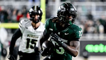 Michigan State's Ademola Faleye runs after a catch against Purdue during the first quarter on Friday, Nov. 22, 2024, at Spartan Stadium in East Lansing.