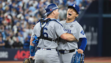 Dodgers catcher Will Smith and pitcher Yoshinobu Yamamoto celebrate the final out of Game 7 of the 2025 World Series.