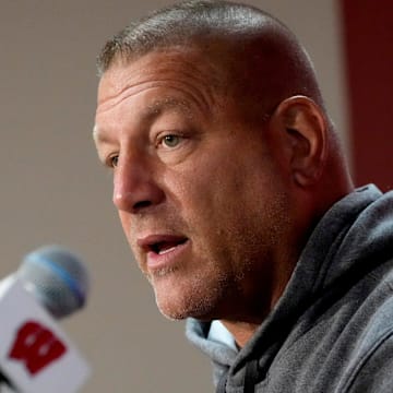 Wisconsin Badgers offensive Coordinator Phil Longo answers questions during Wisconsin Badgers football media day at Camp Randall Stadium in Madison on Tuesday, Aug. 1, 2023.