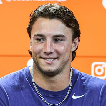 Clemson quarterback Cade Klubnik with media during a press conference at the Smart Family Media Center in Clemson, S.C. Wednesday, September 4, 2024. Clemson plays Appalachian State September 7.