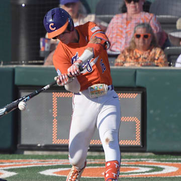 Clemson infielder Luke Gaffney (16) bats against University of Louisville during the bottom of the fifth inning at Doug Kingsmore Stadum in Clemson, S.C. Friday, April 18, 2025.