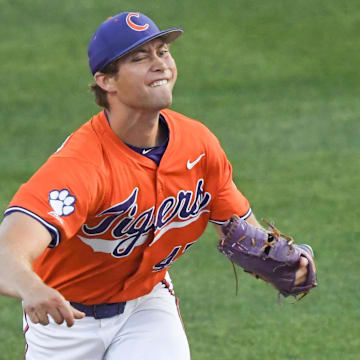 Clemson senior Lucas Mahlstedt (47) closes out the game against University of Louisville during the top of the ninth inning at Doug Kingsmore Stadum in Clemson, S.C. Friday, April 18, 2025.