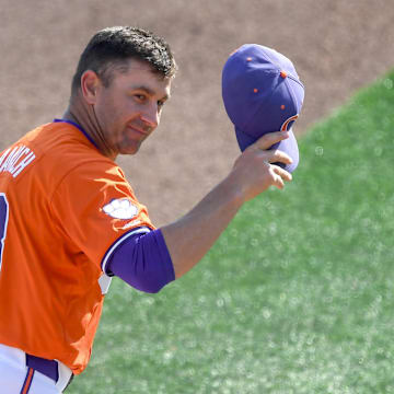 Clemson Head Coach Erik Bakich waves to the crowd before the game with University of Louisville at Doug Kingsmore Stadium in Clemson, S.C. Friday, April 18, 2025.