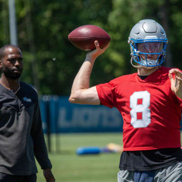 Lions backup quarterback Nate Sudfeld practices during the organized team activities in Allen Park on Thursday, May 23, 2024.