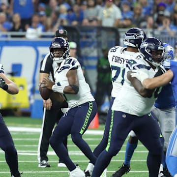 Seattle Seahawks quarterback Geno Smith (7) looks to pass against the Detroit Lions during first half action Sunday, Sept.17 2023.