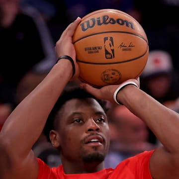 Jan 3, 2024; New York, New York, USA; Chicago Bulls forward Terry Taylor (32) warms up before a game against the New York Knicks at Madison Square Garden. Mandatory Credit: Brad Penner-Imagn Images