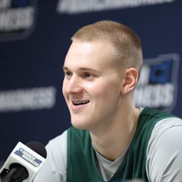 Michigan State Spartans forward Joey Hauser (10) talks about playing against the Marquette Golden Eagles in the second round of the NCAA tournament at Nationwide Arena in Columbus, Ohio, on Saturday, March 18, 2023.

Msupress 031823 Kd229