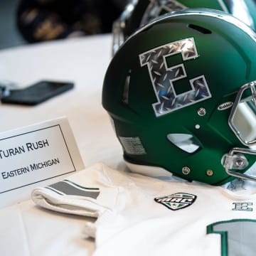 Eastern Michigan football helmet during the MAC football media day at Ford Field on Tuesday, July 20, 2021.