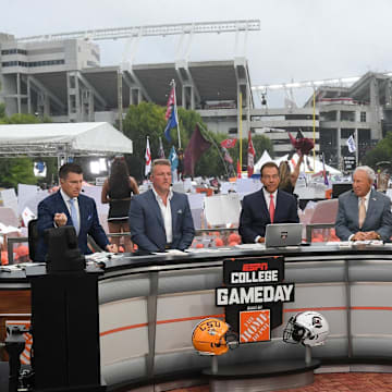 Desmond Howard, left, Reece Davis, Pat McAfee Nick Saban, Lee Corso, and Kirk Herbstreit live broadcast during ESPN Gameday near Williams-Brice Stadium in Columbia, S.C. Saturday, September 14, 2024.