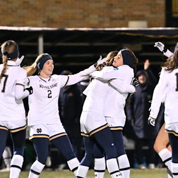 Notre Dame players celebrate after a goal by Maddie Mercado (3) in the NCAA Women   s Soccer Championship third round game Sunday, Nov. 20, 2022, at Alumni Stadium.

Ncaa Women S Soccer Championship Third Round Notre Dame Vs Tcu