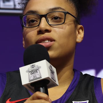 Oct 21, 2025; Kansas City, MO, USA; TCUís Olivia Miles speaks to media during Big 12 Womenís Basketball Media Day at T-Mobile Center. Mandatory Credit: Sophia Scheller-Imagn Images