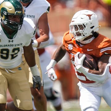 Aug 31, 2024; Austin, Texas, USA;  Texas Longhorns running back Jaydon Blue (23) carries the ball against the Colorado State Rams at Darrell K Royal-Texas Memorial Stadium. Mandatory Credit: Mikala Compton/American-Statesman-Imagn Images