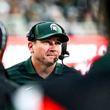 Michigan State's head coach Jonathan Smith looks on during the second quarter in the game against Florida Atlantic on Friday, Aug. 30, 2024, at Spartan Stadium in East Lansing.