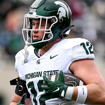 Michigan State's Jack Velling participate in a drill during the Spring Showcase on Saturday, April 20, 2024, at Spartan Stadium in East Lansing.