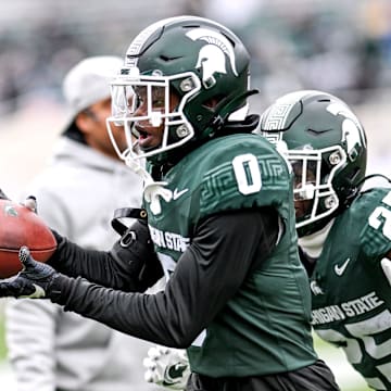 Michigan State's Charles Brantley catches a pass during a drill in the Spring Showcase on Saturday, April 20, 2024, at Spartan Stadium in East Lansing.