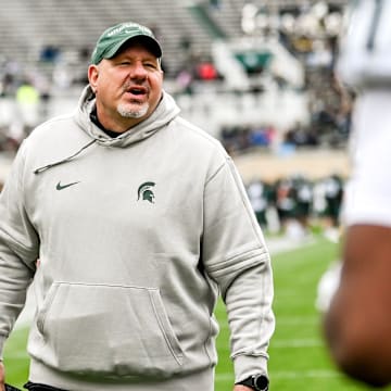Michigan State offensive line coach Jim Michalczik works with players during the Spring Showcase on Saturday, April 20, 2024, at Spartan Stadium in East Lansing.