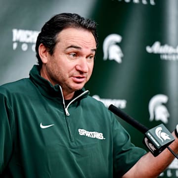 Michigan State coach Jonathan Smith talks the media on the first national signing day for college football recruits Wednesday, Dec. 4, 2024, at Spartan Stadium in East Lansing.