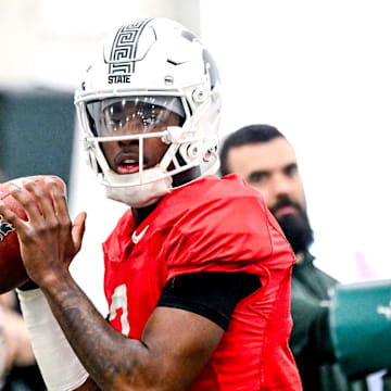 Michigan State's Aidan Chiles looks to throw during football practice on Tuesday, April 8, 2025, in East Lansing.