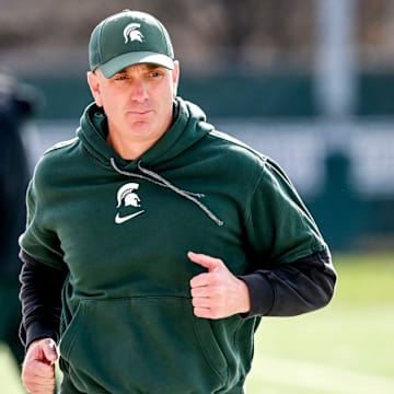 Michigan State offensive coordinator Brian Lindgren looks on during football practice on Tuesday, April 8, 2025, in East Lansing.