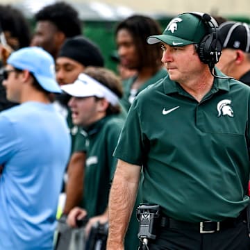 Michigan State's head coach Jonathan Smith looks on from the sideline during the second quarter in the game against Youngstown State on Saturday, Sept. 13, 2025, at Spartan Stadium in East Lansing.