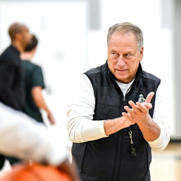 Michigan State's coach Tom Izzo looks on during the first day of basketball practice on Monday, Sept. 22, 2025, at the Breslin Center in East Lansing.